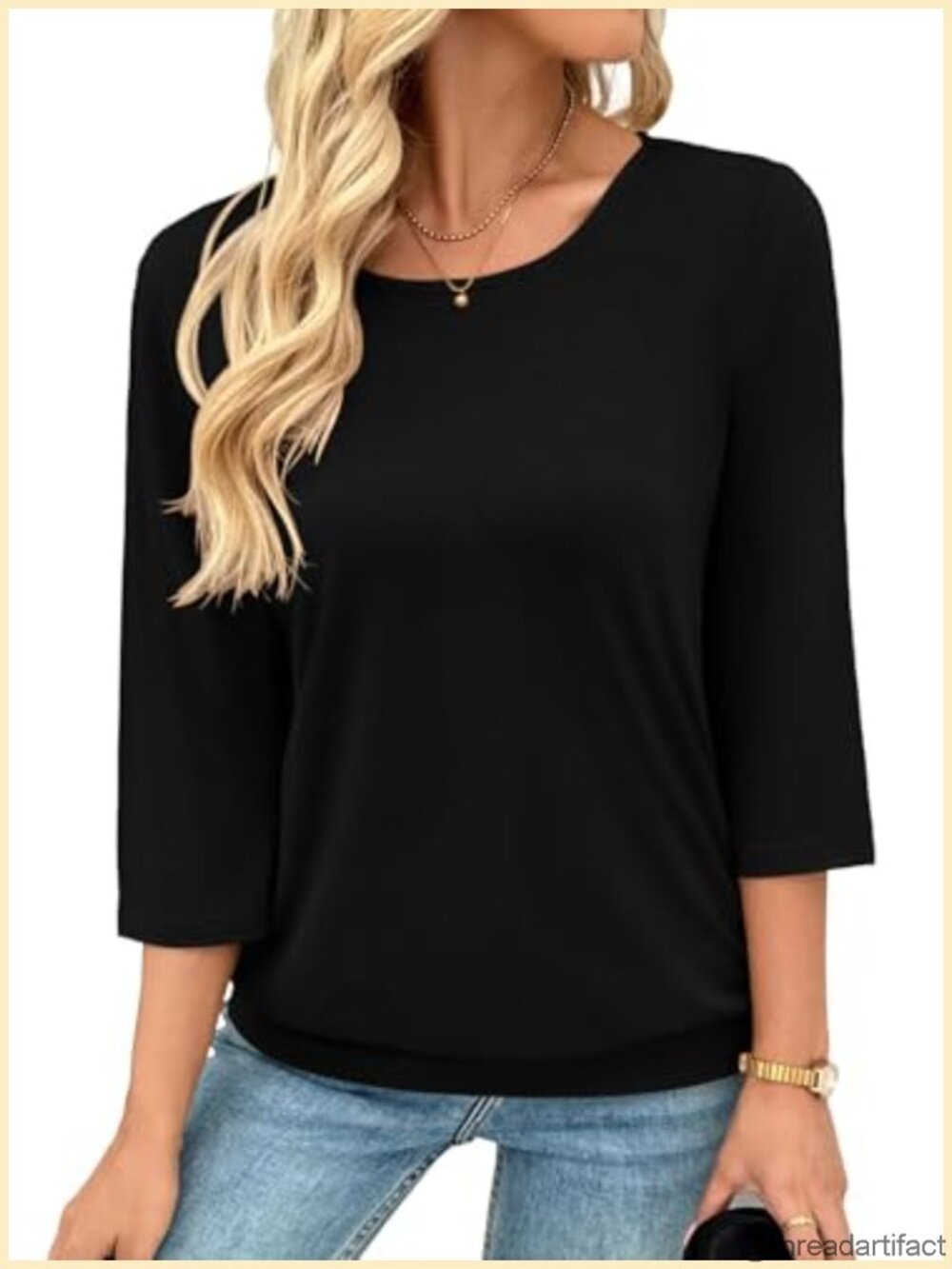 Women 3/4 Sleeve Tunic Top Crew Neck Banded Bottom Casual Blouse